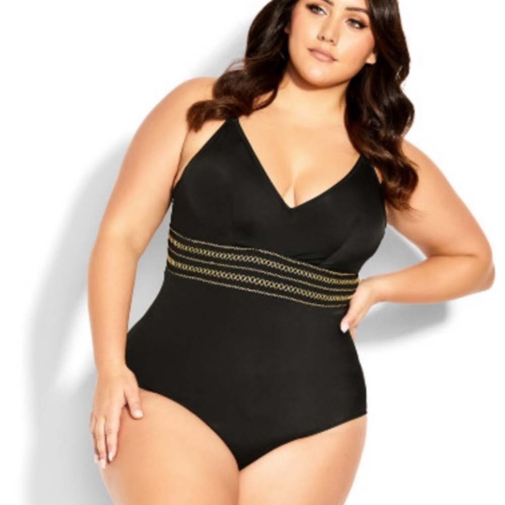 City Chic womens plus size black smocked waist Lucia one piece swimsuit new